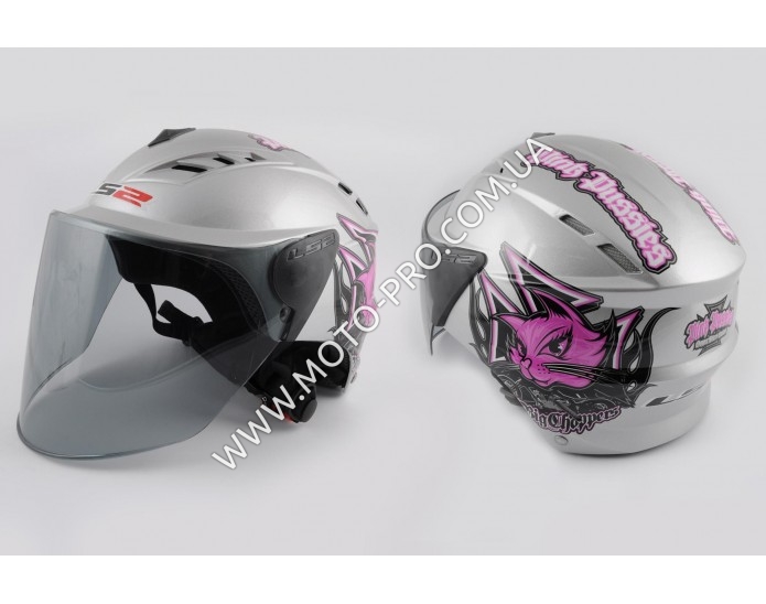 Шлем открытый (mod:100) (аэроформа, черный визор) (size:L, серебро, PINK PUSSIES) LS2