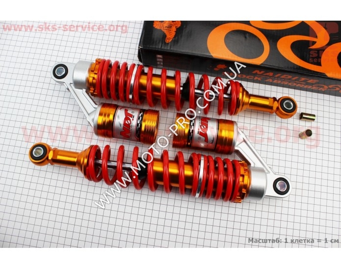 Амортизатор задній JH/CB/CG - 340мм*d60мм (втулка 12мм / втулка 10мм) газовий регул., червоний к-кт 2шт (Delta 110cc)