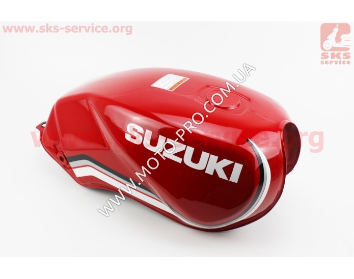 Бак топливный КРАСНЫЙ (под прямоугольную крышку бака, под кран топл. на болты) - надпись "SUZUKI" (CB-125/150)