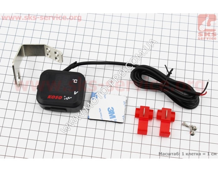 ВОЛЬТМЕТР с дисплеем, красный циферблат + датчик температуры воздуха + крепление (универсальный, компактный) (Китайский скутер 125 сс)