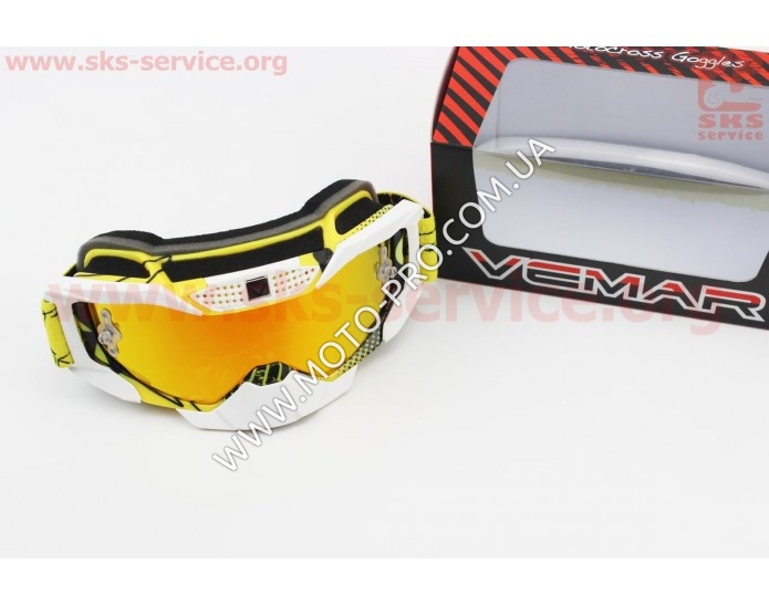 Очки кроссовые/эндуро/АТV, ремешок с силиконовым покрытием, бело-желто-черные (зеркальное стекло), VM-1015A