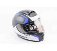 Шлем интеграл, закрытый (сертификация DOT)+откидные очки BLD-М66 М (57-58см), ЧЁРНЫЙ матовый с сине-белым рисунком