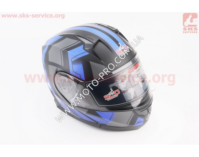 Шлем закрытый с откидным подбородком (сертификации DOT / ECE) + откидные очки SCO-162 М (57-58см), ЧЕРНЫЙ матовый с сине-серым рисунком