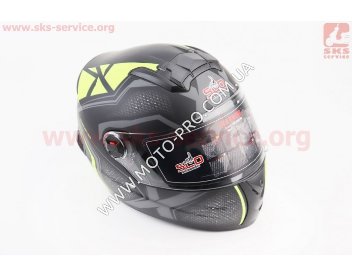 Шлем закрытый (сертификации DOT / ECE) + очки SCO-М61 М (57-58см), ЧЕРНЫЙ матовый с салатово-серым рисунком
