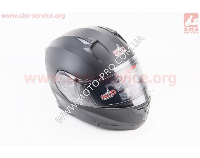 Шлем закрытый с откидным подбородком (сертификации DOT / ECE) + откидные очки SCO-162 S (55-56см), ЧЕРНЫЙ матовый