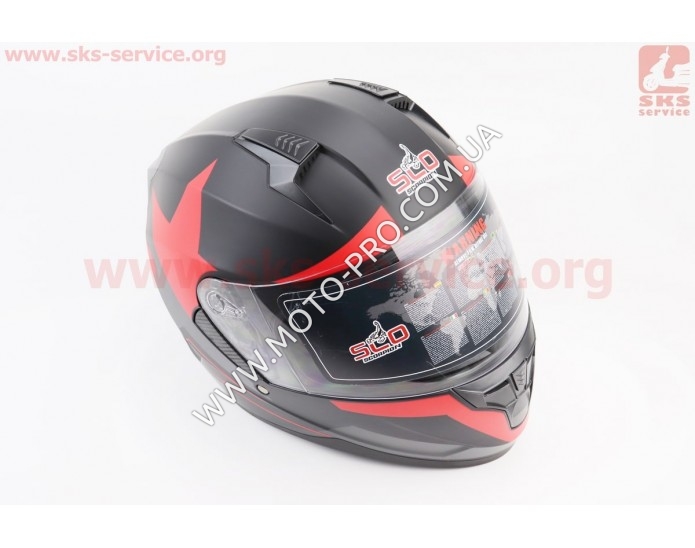 Шлем закрытый (сертификации DOT / ECE) + откидные очки SCO-M67 М (57-58см), ЧЕРНЫЙ матовый с красно-серым рисунком