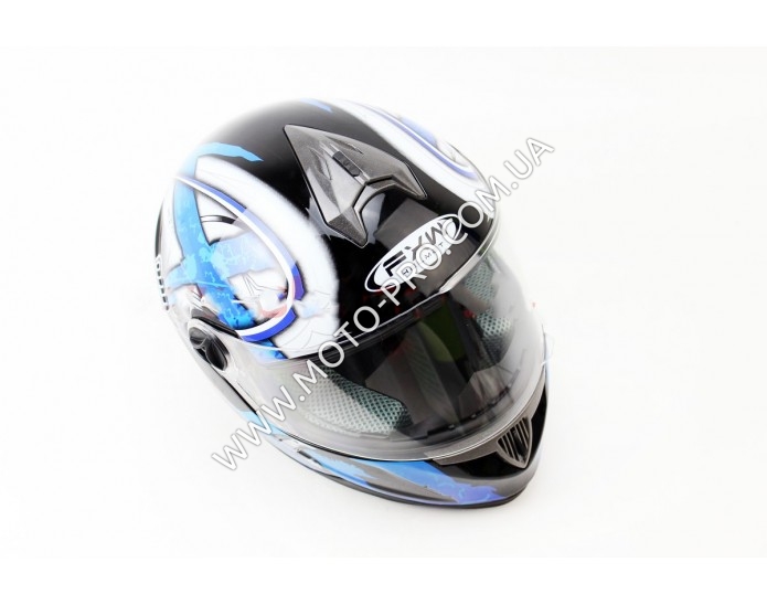 Шлем закрытый HF-122 М- ЧЕРНЫЙ глянец с сине-белым рисунком Q100B (301222)