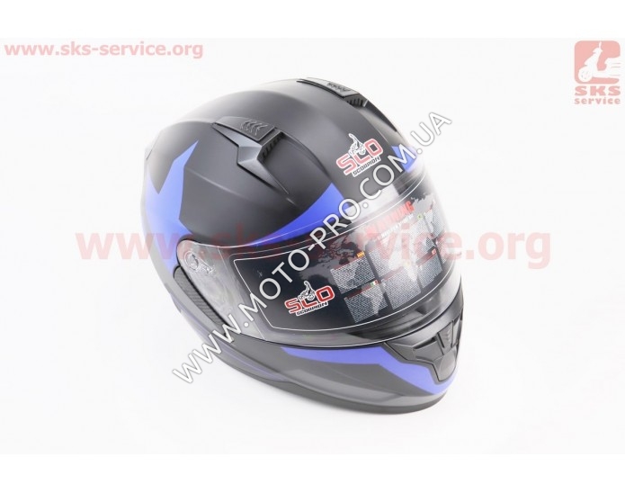 Шлем закрытый (сертификации DOT / ECE) + откидные очки SCO-M67 S (55-56см), ЧЕРНЫЙ матовый с сине-серым рисунком