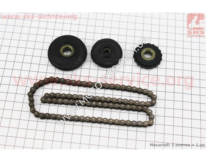 Цепь распредвала 140сс - 25H-90L + ролики 3шт, к-кт (питбайк, ролик направляющий 45мм) (338375)