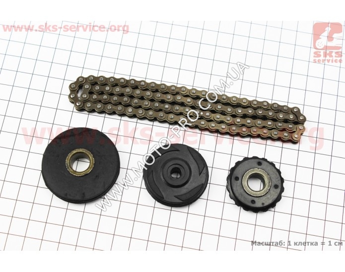 Цепь распредвала 140сс - 25H-90L + ролики 3шт, к-кт (питбайк, ролик направляющий 45мм) (327075)